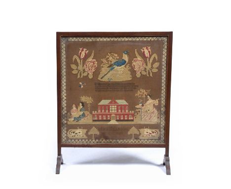 Berlin woolwork sampler19th Century, with birds, country house figures and name Ann Pearson work 1848, now set into a firescr