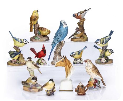 Royal Worcester collection of porcelain models to include: horse, birds, budgie, red cardinal, Goebel dog mug, blue tits etc 