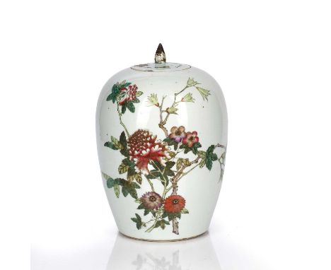 Porcelain jar and coverChinese, circa 1900, decorated with enamel painted flowers and script to the reverse, unmarked, 31cm h
