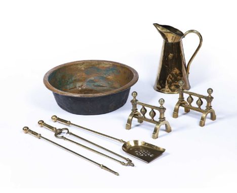 Collection of fire tools and metalware comprising of: set of fire irons, fire dogs. copper jug and pot (7) At present, there 