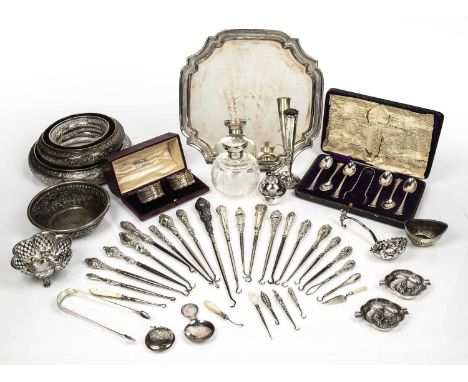 Collection of silver and other items including: silver plated tray, silver and white metal handled button hooks, Victorian si