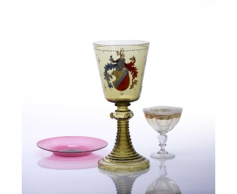 Selection of glass consisting of: a large continental glass roemer with enamel painted coat of arms decoration, unsigned, 29c
