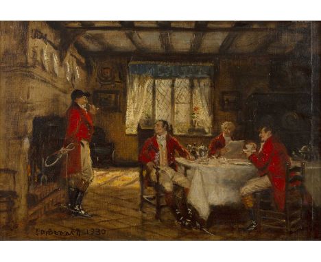 Frank Moss Bennett (1874-1953) 'The hunt breakfast', oil on canvas laid onto panel, signed and dated 1930 lower left, 33cm x 