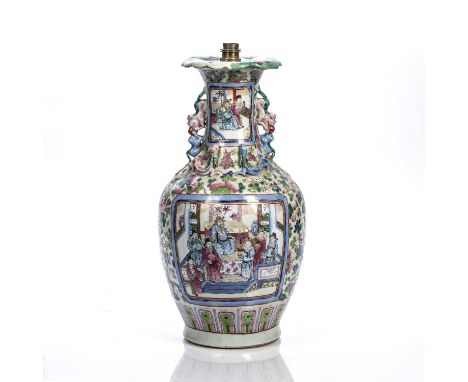 Canton porcelain lamp/vaseChinese, late 19th Century, with painted panels of courtiers, within a surround of peaches, birds a