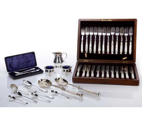 Selection of silver and silver plate consiting of: cased set of twelve silver plated knives and forks with mother of pearl ha