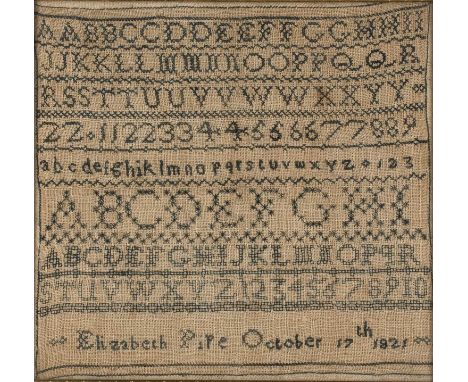 Two antique needlework samplers the larger monochrome alphabet sampler reads 'Elizabeth Pipe, October 17th 1821', 23cm x 25cm