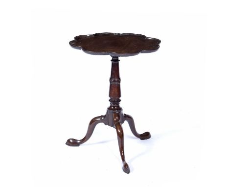 Mahogany shaped tray top tripod table19th Century, on hoof feet, 52cm diameter x 64cm highOld repair to the base. Good colour