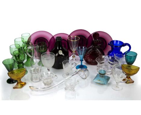 Collection of 19th Century and later glassware including: six green goblets, red etched decanter and stopper, plates, ladle e