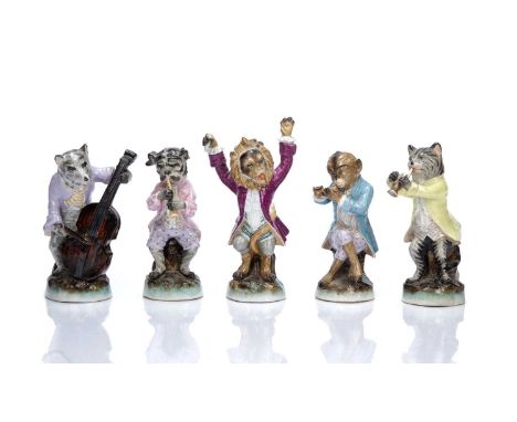 Group of ceramic figures late 19th/early 20th Century, consisting of five animal band type pieces, unmarked, tallest 18cm hig