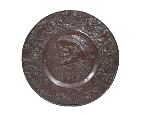 Large Flemish style copper plaque early 20th Century, with embossed central portrait profile, and a classical border, 95cm ac