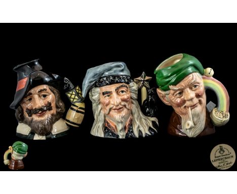 Royal Doulton - Excellent Trio of Hand Painted Large Character Jugs ( 3 ) In Total. Comprises 1/ Leprechaun D6847, Issued 199