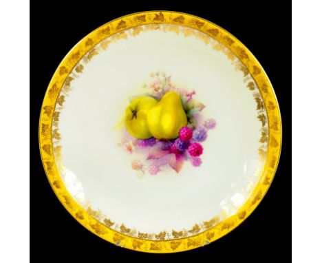 A ROYAL WORCESTER YELLOW BORDERED PLATE PAINTED BY G.H. COLE, SIGNED, WITH FRUIT, EARLY 20TH CENTURY