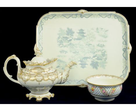 A GRANGER WORCESTER CABARET TRAY, A FINE EARLY 19TH CENTURY ENGLISH PORCELAIN SLOP BOWL PAINTED WITH A RIBBON OF FLOWERS ON A