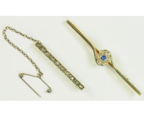 A ROSE DIAMOND BAR BROOCH OF GUILLOCHE DESIGN AND A SAPPHIRE AND DIAMOND CLUSTER BAR BROOCH, BOTH EARLY 20TH CENTURY, 6.1G GR