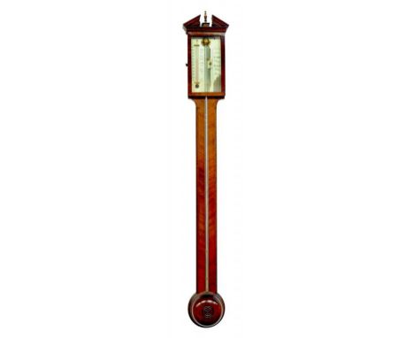 A GEORGE III STYLE MAHOGANY EXPOSED TUBE STICK BAROMETER WITH SILVERED DIAL AND VERNIER, 20TH CENTURY