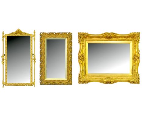 A VICTORIAN GILTWOOD AND COMPOSITION MIRROR WITH SHAPED SHELF, A GILT PICTURE FRAME, A MIRROR AND ANOTHER