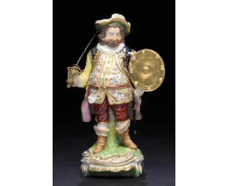 A DERBY FIGURE OF JAMES QUINN IN THE ROLE OF SIR JOHN FALSTAFF, C1820 20CM H, INCISED NO 291,  PUCE PAINTED CROWN OVER D AND 