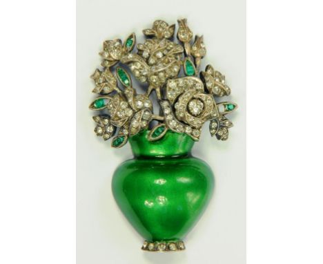A GREEN AND WHITE PASTE SET SILVER AND TRANSLUCENT GREEN ENAMEL VASE OF FLOWERS BROOCH