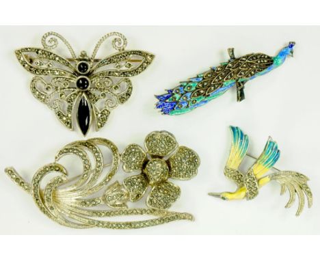 TWO MARCASITE AND ENAMEL BIRD BROOCHES AND TWO OTHER LARGER MARCASITE BROOCHES 