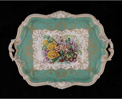 A JOHN RIDGWAY APPLE GREEN GROUND CABARET TRAY, C1845 PAINTED TO THE CENTRE WITH A LARGE PANEL OF FLOWERS AND GILT, 41CM W, 3