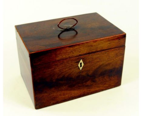 A GEORGE III MAHOGANY TEA CADDY WITH DIVIDED INTERIOR RETAINING A PAIR OF OVAL LIDDED CANISTERS 