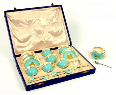 A SET OF SIX ROYAL WORCESTER TURQUOISE GROUND COFFEE CUPS AND SAUCERS, PRINTED MARK AND MATCHING SET OF SIX CONTINENTAL SILVE