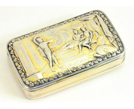 A GEORGE III SILVER GILT SNUFF BOX, THE LID EMBOSSED WITH CLASSICAL FIGURES AND ENGRAVED TO THE UNDERSIDE ROBERT OLIPHANT JNR
