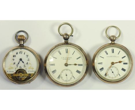 A VICTORIAN SILVER LEVER WATCH, THE ENAMEL DIAL SIGNED J.D. FISHER LINCOLN, CHESTER 1895 AND TWO OTHER SILVER WATCHES 