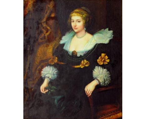 FOLLOWER OF VAN DYKE (20TH CENTURY) - PORTRAIT OF A LADY IN BLACK, SEATED THREE QUARTER LENGTH, ACRYLIC ON CANVAS 