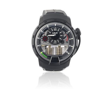 HYT. A fine and innovative black DLC coated titanium manual wind wristwatch with power reserve indicationModel: H1Reference: 