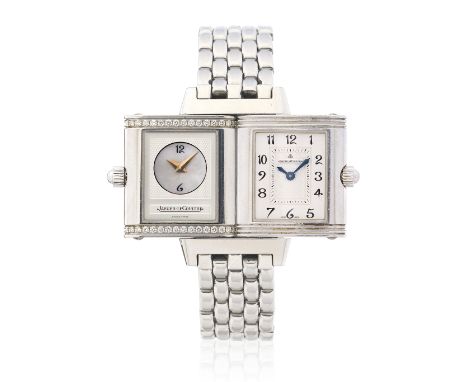 Jaeger-LeCoultre. A lady's stainless steel diamond set manual wind bracelet watch with mother of pearl dialModel: Reverso Due