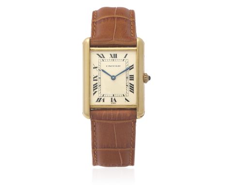 Cartier. An 18K gold quartz wristwatchModel: TankDate: Circa 2000Movement: 9-jewel Cal.81 quartzDial: Cream, black Roman nume