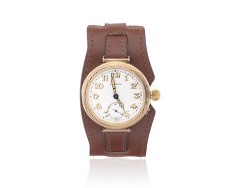 Longines. A 9K gold manual wind wristwatchDate: Circa 1920Movement: Jewelled manual windDial: White, luminous Arabic numeral 