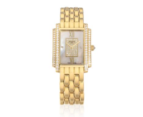Patek Phillippe. A lady's 18K gold diamond set quartz bracelet watch with mother of pearl dialModel: GondoloReference: 4825/1