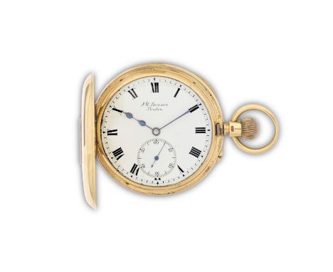 J.W. Benson, Ludgate Hill, London. An 18K gold keyless wind half hunter pocket watchDate: London Hallmark for 1907Movement: G
