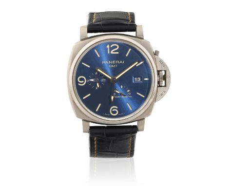 Panerai. A limited edition titanium automatic calendar wristwatch with power reserve and dual time zoneModel: Luminor dueRefe