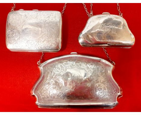 Three early 20th Century silver purses with white metal chain handles A/F, the larger engraved and monogrammed with makers ma