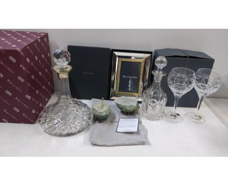 A mixed lot to include a boxed Waterford photograph frame and pair of glasses, a Whitehill silver topped ships decanter and o