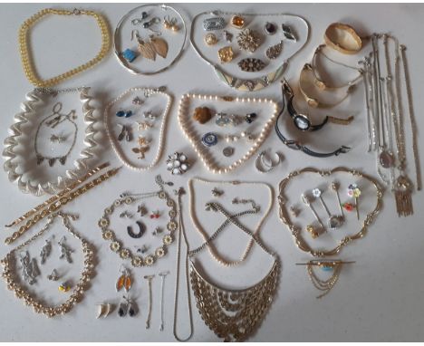 A quantity of vintage costume jewellery and 5 ladies watches to include pin brooches, simulated pearl necklaces, earrings, a 