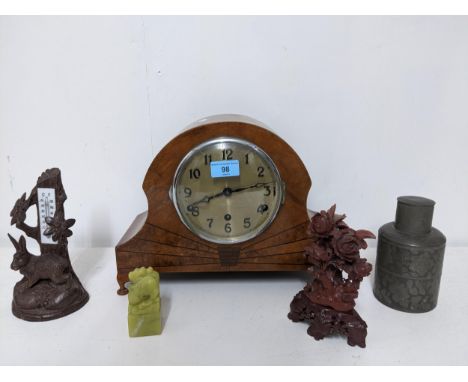 A mixed lot to include an Art Deco period inlaid walnut cased mantel clock, Black Forest carved thermometer decorated with a 