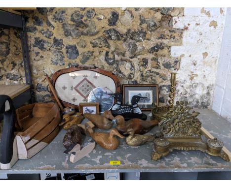 A mixed lot to include various wooden model decoy ducks open barley twist candlestick, brass desk letter rack and ink stand, 