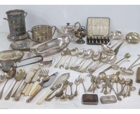 Mixed silver plated items to include a teapot on four ball feet, a fruit salad ladle, and other items Location:If there is no