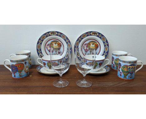 A Royal Worcester part set Flights of Fancy to include four mugs, two cups and saucers, also including two Dartington crystal