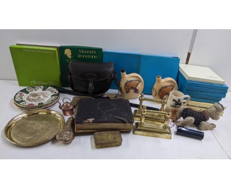 A mixed lot to include a vintage tin plate toy, boxed collectors plates, powder flask and other items Location:If there is no