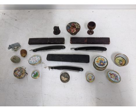A lot to include Halcyon Days and Ashley Copper enamel pill boxes, three cut throat razors, brass cased compass, Wade whimsie