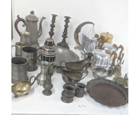 Mixed metalware to include 18th century and later pewter tankards, a silver plated cocktail shaker and other itemsLocation:If