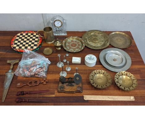 Mixed collectables to include a Waterford Crystal mantel clock, a folding chessboard with figures, a pewter dish, a set of vi