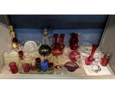 Mixed glassware to include a Victorian witches ball, etched glass and silver plated claret jug, Venetian liqueur set, and oth