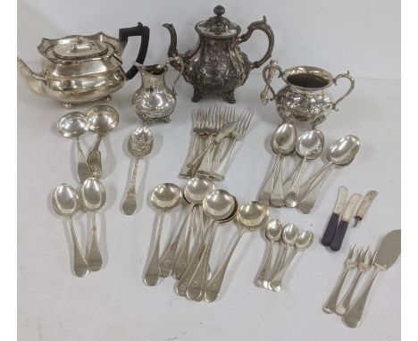 Silver plate to include cutlery and flatware, two teapots and a sugar and cream jug Location:If there is no condition report 