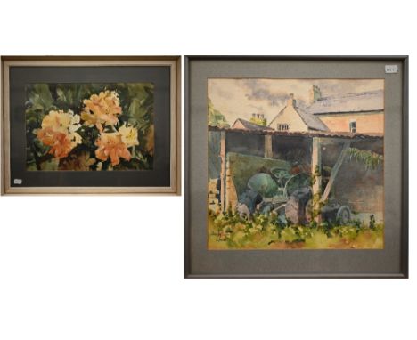 William Barnes - Floral study, watercolour, signed lower right, 27 x 39 cm and Wendy Clouse - Tractor in an open barn, waterc